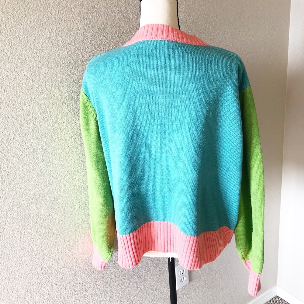 Unique Vintage Sweater Womens 4X 5X Colorblock Teal Green Pink Frog Cardigan - Picture 2 of 12